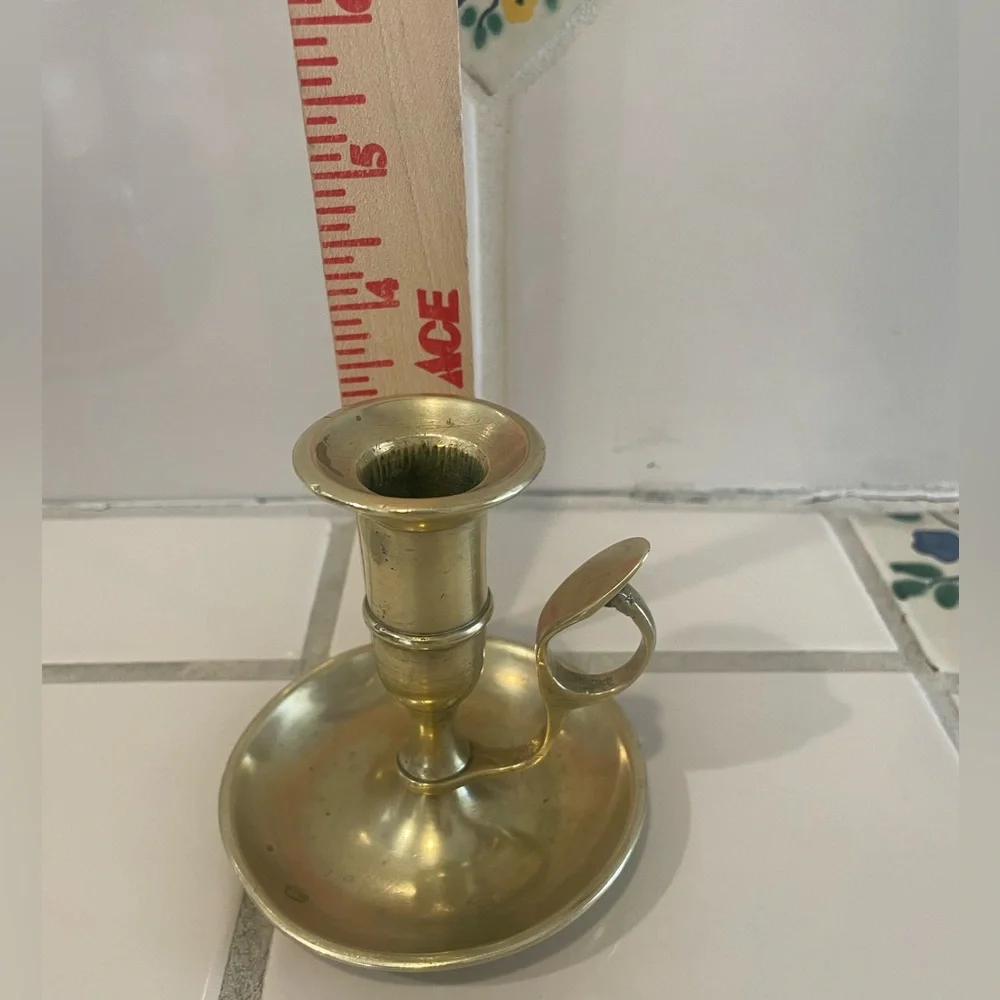 Vintage Handmade Brass Chamber Stick Candle Holder with Finger Loop & Drip